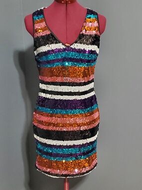 Mocha Apparel Sleeveless Sequin Stripe Mini Dress in Black, Teal & Orange Size S